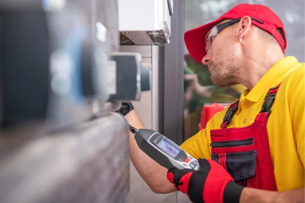 Fontanero utilizando tecnología para prevenir fugas en Colmenar Viejo