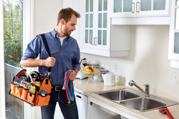 Fontanero profesional realizando reparación en cocina